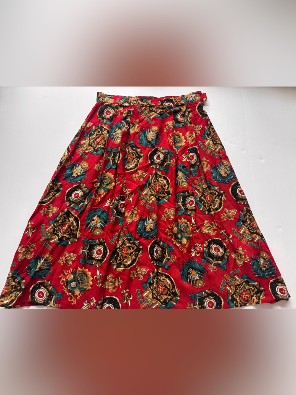 Chaus Vintage 90s Red Baroque Scarf Print Midi Skirt Rayon Size 12